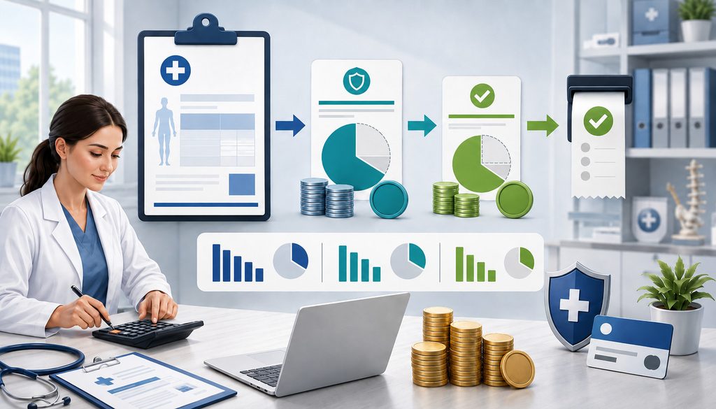 Healthcare billing workflow comparing billed charges, allowed amounts, and final payments