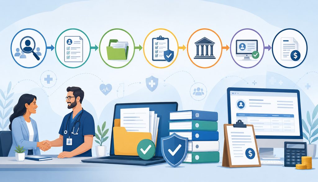 Payer enrollment process from provider hire to billing release