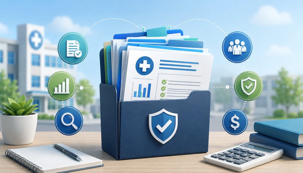 Payer rate-request packet with healthcare documents, analytics, and compliance icons